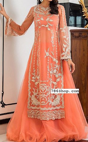  Coral Net Suit | Pakistani Party Wear Dresses- Image 1