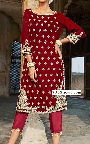  Maroon Velvet Suit | Pakistani Party Wear Dresses- Image 1