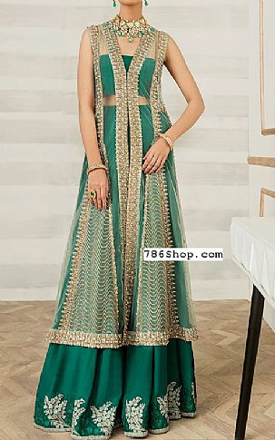  Emerald Green Net Suit | Pakistani Party Wear Dresses- Image 1