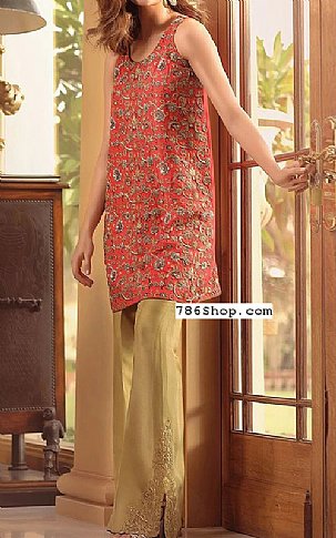  Coral Raw Silk Suit | Pakistani Party Wear Dresses- Image 1
