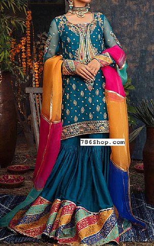  Teal Blue Chiffon Suit | Pakistani Party Wear Dresses- Image 1