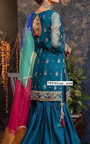  Teal Blue Chiffon Suit | Pakistani Party Wear Dresses- Image 2