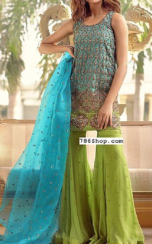  Turquoise/Parrot Organza Suit | Pakistani Party Wear Dresses- Image 1