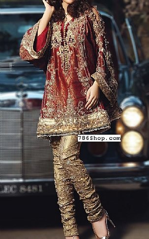  Maroon/Golden Jamawar Suit | Pakistani Party Wear Dresses- Image 1