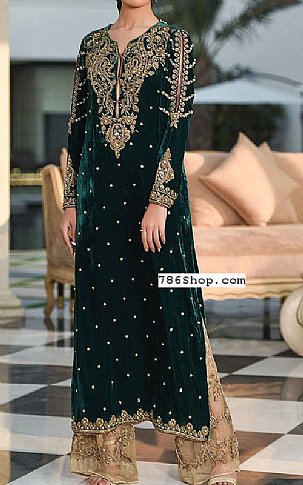  Bottle Green Velvet Suit | Pakistani Party Wear Dresses- Image 1