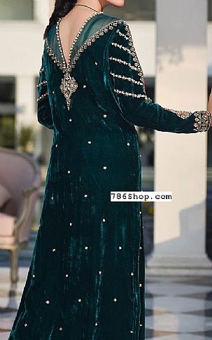  Bottle Green Velvet Suit | Pakistani Party Wear Dresses- Image 2