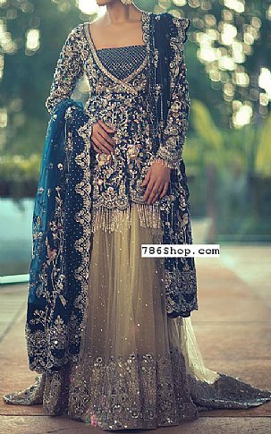  Teal Blue Chiffon Suit | Pakistani Wedding Dresses- Image 1