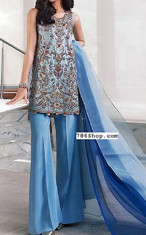  Cornflower Blue Chiffon Suit | Pakistani Party Wear Dresses- Image 1