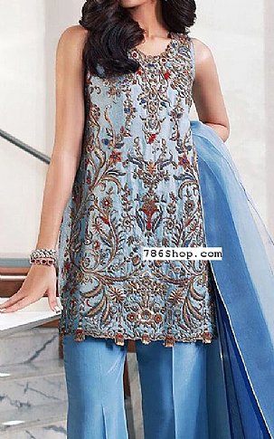  Cornflower Blue Chiffon Suit | Pakistani Party Wear Dresses- Image 2