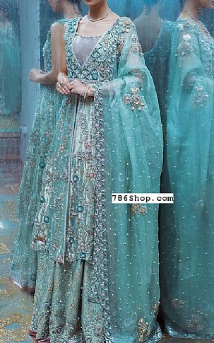  Turquoise Tissue Suit | Pakistani Wedding Dresses- Image 1