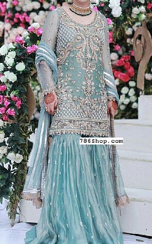  Turquoise Chiffon Suit | Pakistani Party Wear Dresses- Image 1