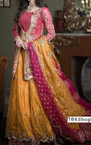  Magenta/Mustard Organza Suit | Pakistani Wedding Dresses- Image 1
