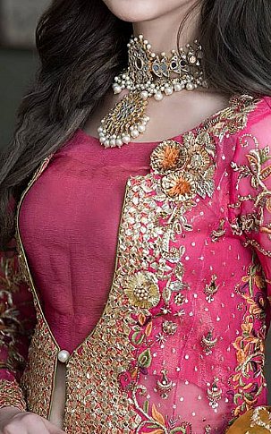  Magenta/Mustard Organza Suit | Pakistani Wedding Dresses- Image 4