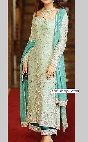  Light Turquoise Chiffon Suit | Pakistani Party Wear Dresses- Image 1