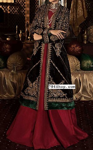  Bottle Green/Red Velvet Suit | Pakistani Party Wear Dresses- Image 1