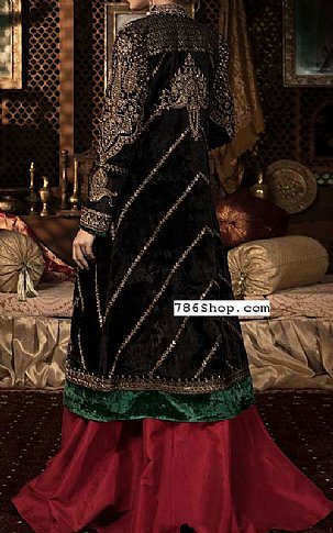  Bottle Green/Red Velvet Suit | Pakistani Party Wear Dresses- Image 2