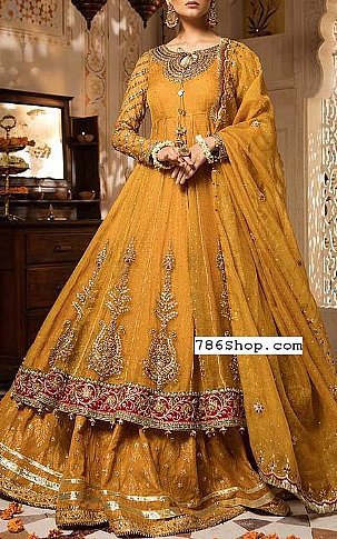  Mustard Chiffon Suit | Pakistani Wedding Dresses- Image 1