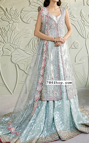  Silver Raw Silk Suit | Pakistani Wedding Dresses- Image 1