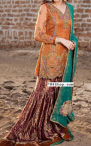  Rust Organza Suit | Pakistani Party Wear Dresses- Image 1