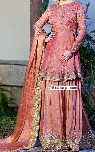  Tea Pink Raw Silk Suit | Pakistani Wedding Dresses- Image 1