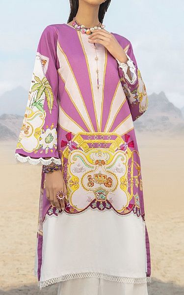 Ittehad Mauve/Off-white Cotton Satin Kurti | Pakistani Dresses in USA- Image 1