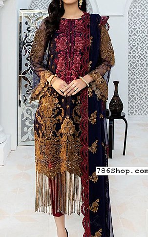 Janique Navy/Plum Chiffon Suit | Pakistani Dresses in USA- Image 1