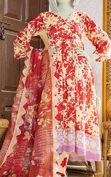 Junaid Jamshed Red/Peach Lawn Suit | Pakistani Dresses in USA- Image 1