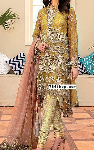 Maryams. Mustard Chiffon Suit | Pakistani Embroidered Chiffon Dresses- Image 1