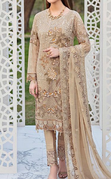Ramsha Tan Chiffon Suit | Pakistani Dresses in USA- Image 1