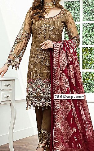 Ramsha Dark Brown/Maroon Organza Suit | Pakistani Dresses in USA- Image 1