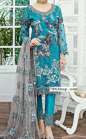 Ramsha Turquoise Organza Suit | Pakistani Dresses in USA- Image 1