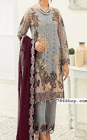 Ramsha Grey/Plum Chiffon Suit | Pakistani Dresses in USA- Image 1