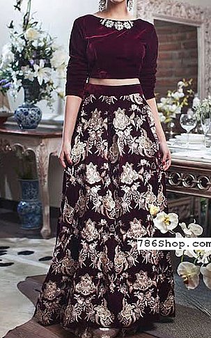 Threads and Motifs Burgundy Velvet Suit | Pakistani Embroidered Chiffon Dresses- Image 1