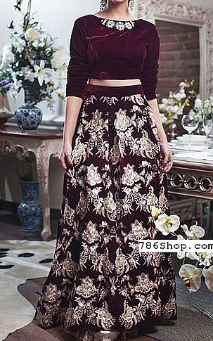 Threads and Motifs Burgundy Velvet Suit | Pakistani Embroidered Chiffon Dresses USA- Image 1