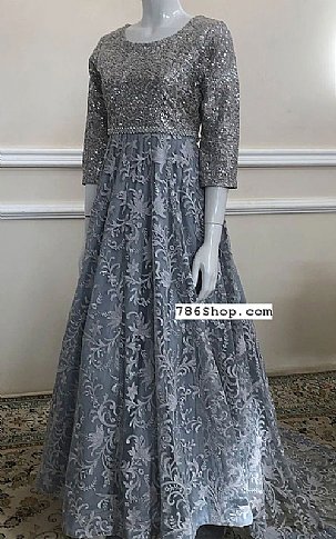 Threads and Motifs Grey Net Suit | Pakistani Embroidered Chiffon Dresses- Image 1