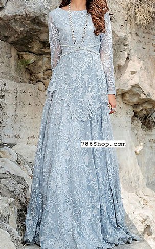 Threads and Motifs Baby Blue Net Suit | Pakistani Embroidered Chiffon Dresses- Image 1