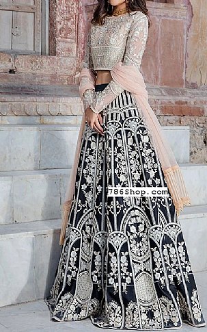 Threads and Motifs Peach/Black Net Suit | Pakistani Wedding Dresses- Image 1