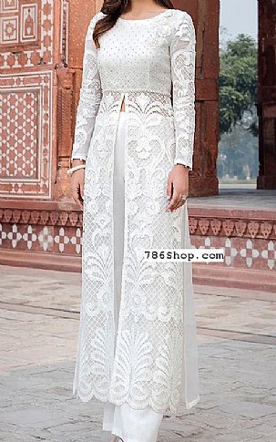 Threads and Motifs White Net Suit | Pakistani Embroidered Chiffon Dresses- Image 1