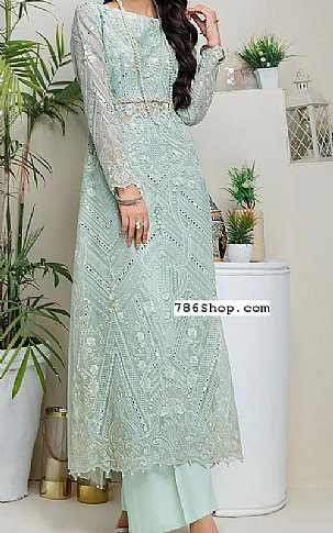 Threads and Motifs Sea Green Net Suit | Pakistani Embroidered Chiffon Dresses- Image 1