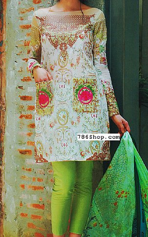Tabassum Mughal Off-white/Green Lawn Suit | Pakistani Lawn Dress in USA- Image 1