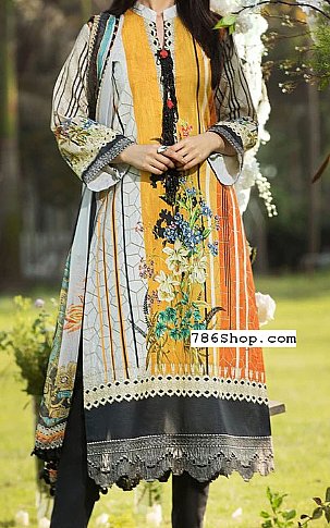 Zarqash Off-White/Yellow Lawn Suit | Pakistani Lawn Suits- Image 1