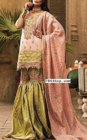 Zarqash Bridal Collection Peach/Green Masuri Cotton Net Suit | Pakistani Embroidered Chiffon Dresses- Image 1