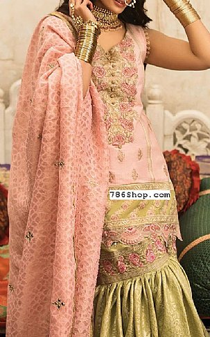 Zarqash Bridal Collection Peach/Green Masuri Cotton Net Suit | Pakistani Embroidered Chiffon Dresses- Image 2