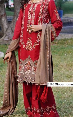 Anamta Crimson Linen Suit | Pakistani Winter Dresses- Image 1