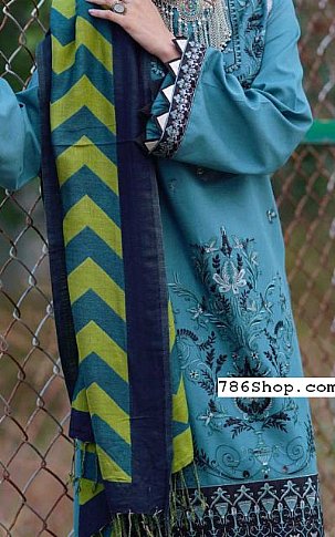 Anamta Turquoise Linen Suit | Pakistani Winter Dresses- Image 2