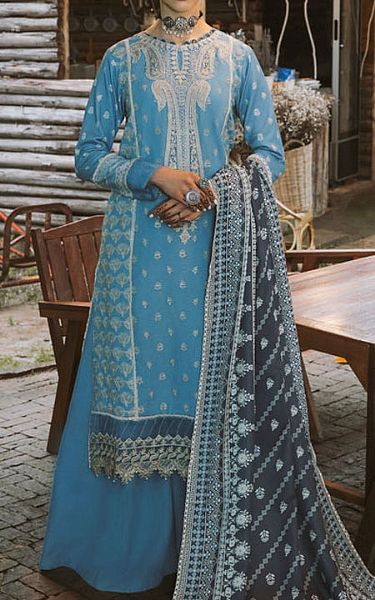 Aabyaan Maya Blue Karandi Suit | Pakistani Winter Dresses- Image 1