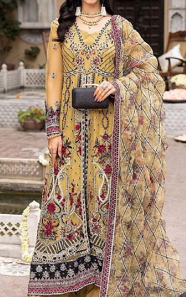 Adans Libas Golden Yellow Net Suit | Pakistani Embroidered Chiffon Dresses- Image 1
