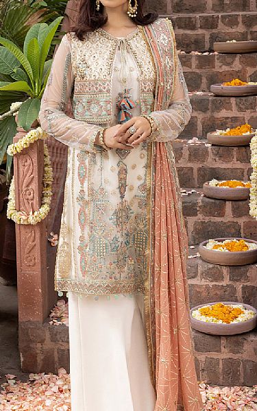 Adans Libas Off-white Net Suit | Pakistani Embroidered Chiffon Dresses- Image 1