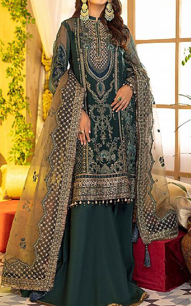 Adans Libas Hunter Green Chiffon Suit | Pakistani Wedding Dresses- Image 1