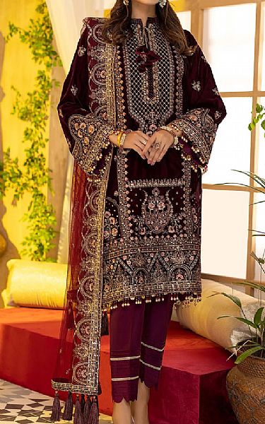 Adans Libas Maroon Velvet Suit | Pakistani Winter Dresses- Image 1